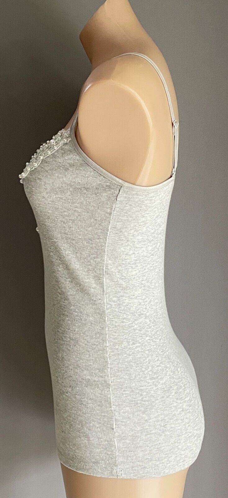 FOREVER NEW Stretch Cami Grey Marl  Top Size 10 Pearl & Crystal Trim Adjustable