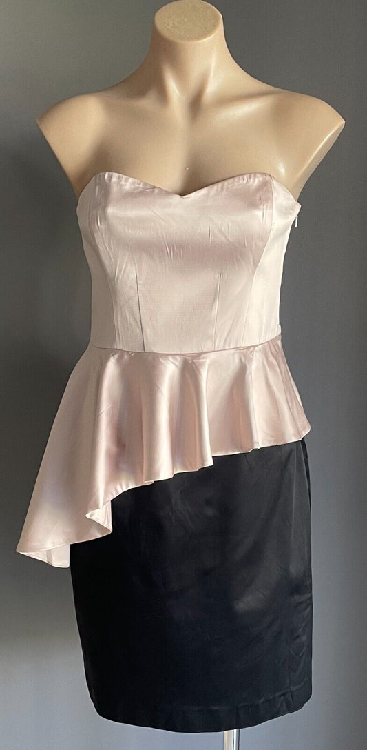 FOREVER NEW Strapless Dress Champagne & Black Bustier Size 12 Peplum Hem Satin