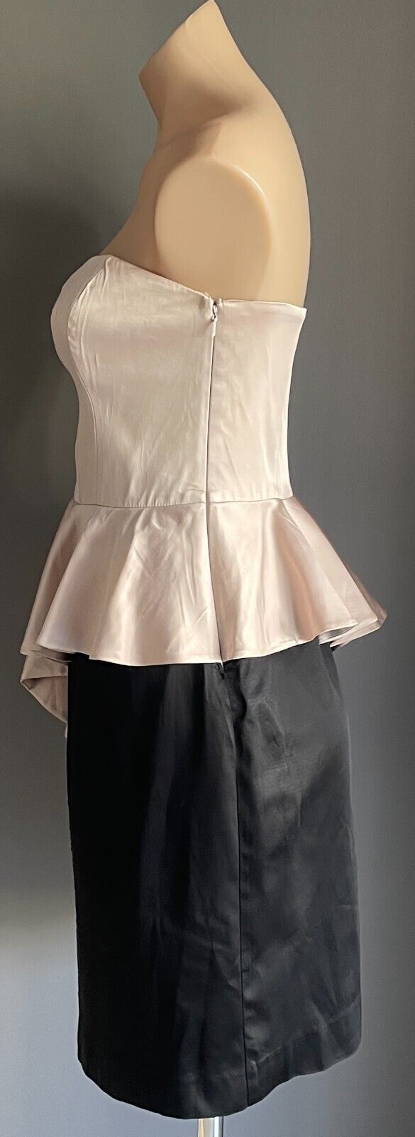 FOREVER NEW Strapless Dress Champagne & Black Bustier Size 12 Peplum Hem Satin