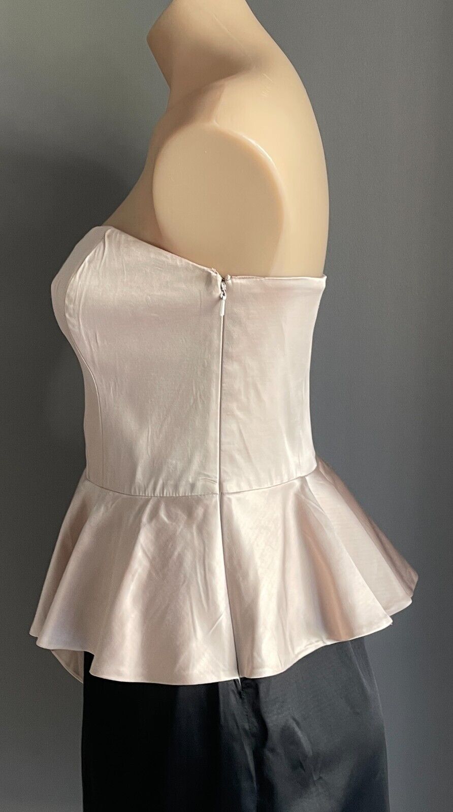 FOREVER NEW Strapless Dress Champagne & Black Bustier Size 12 Peplum Hem Satin