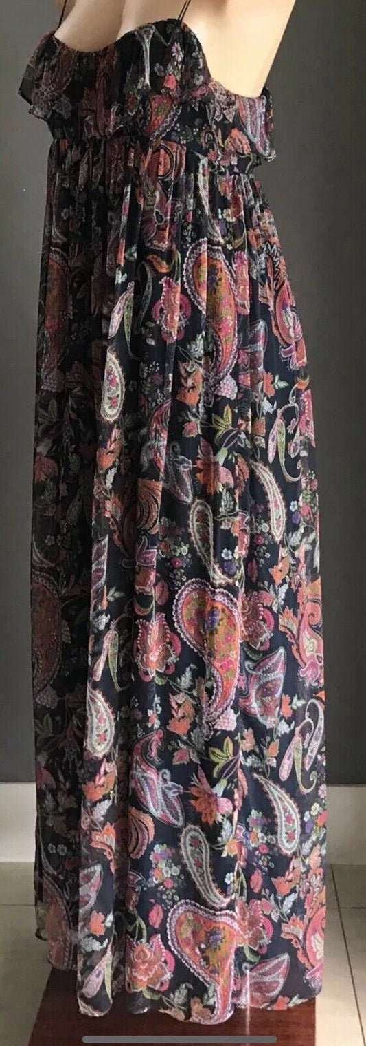 FOREVER NEW Maxi Dress Silk Paisley Print Sleeveless Frill Layer Bodice Size 10