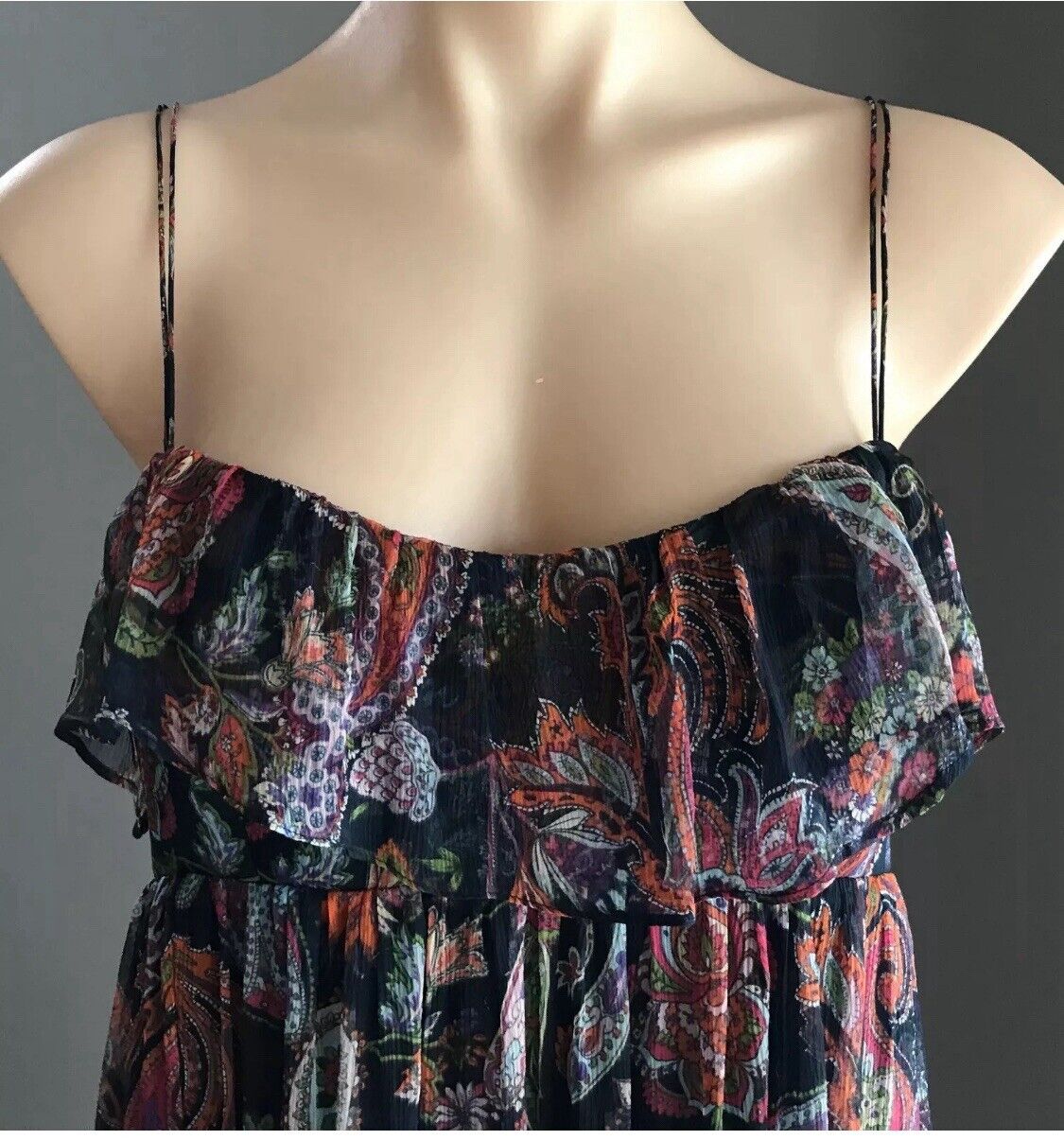 FOREVER NEW Maxi Dress Silk Paisley Print Sleeveless Frill Layer Bodice Size 10
