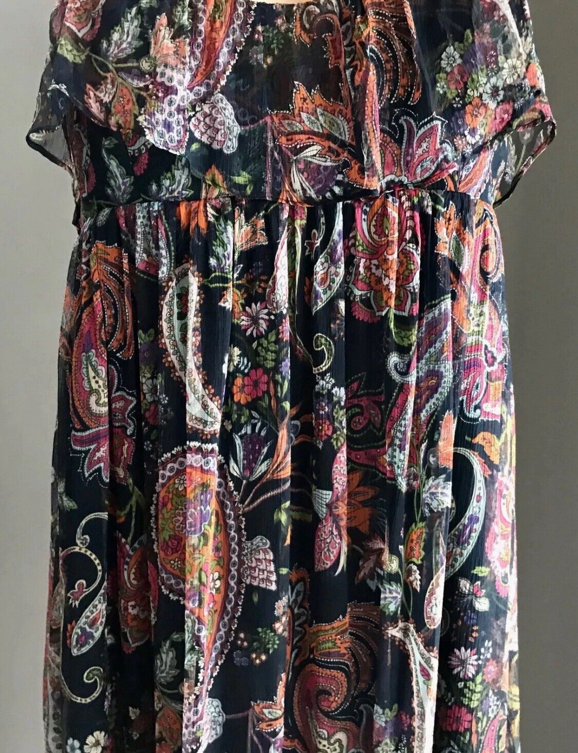 FOREVER NEW Maxi Dress Silk Paisley Print Sleeveless Frill Layer Bodice Size 10