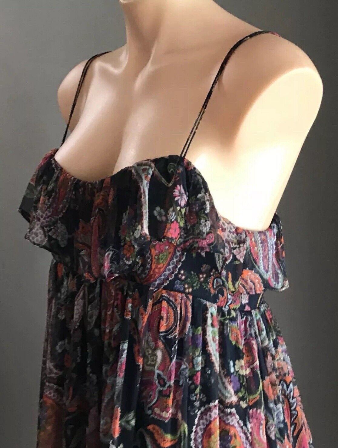 FOREVER NEW Maxi Dress Silk Paisley Print Sleeveless Frill Layer Bodice Size 10