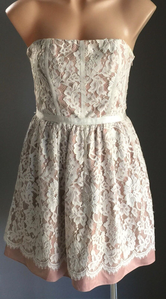 FOREVER NEW Strapless Dress Blush Pink & Ivory Lace Bustier Frock Size 10