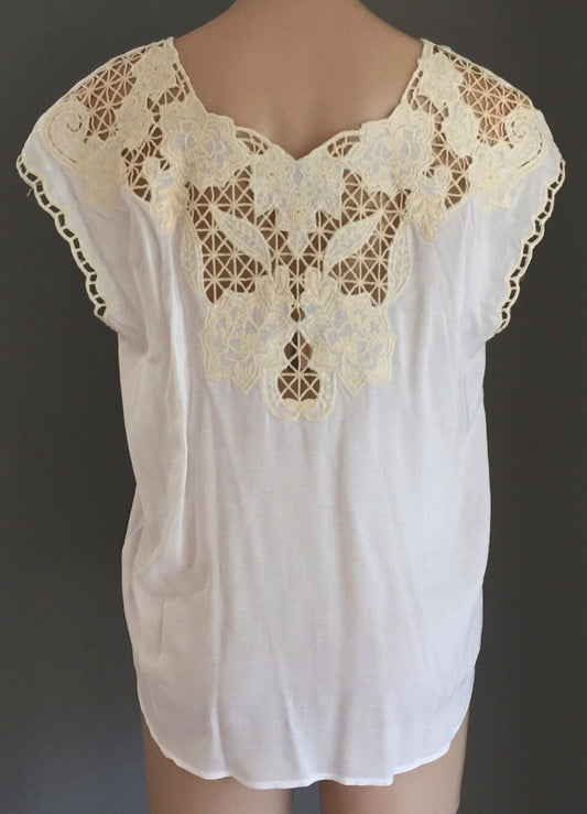FOREVER 21 Woven Top Ivory Tan Cap Sleeve w Lace Back Size M 10 12 Boho NEW