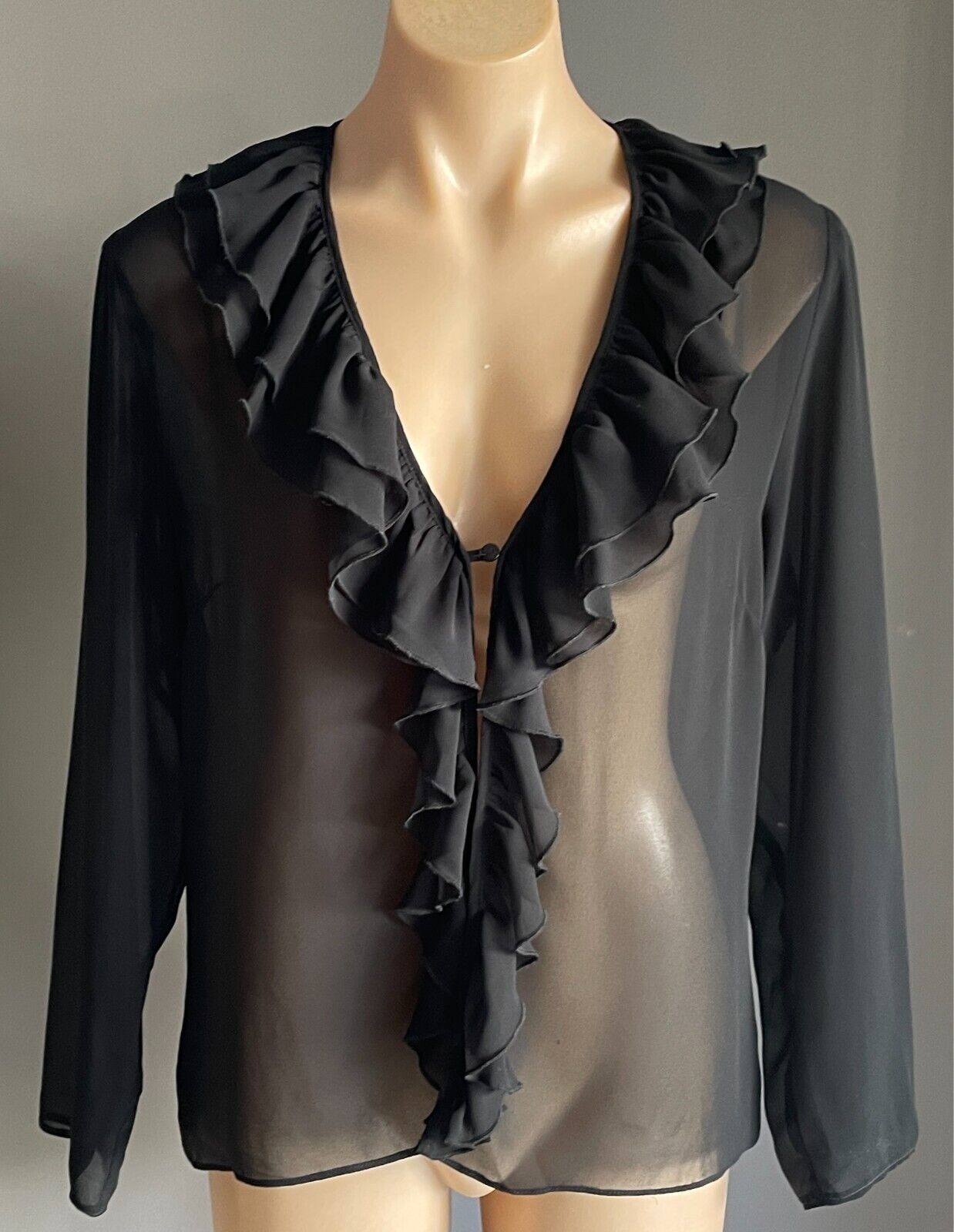 ELLEN TRACY Black Ruffle Trim Blouse Size 18 Semi Sheer Long Sleeve Elegant NEW