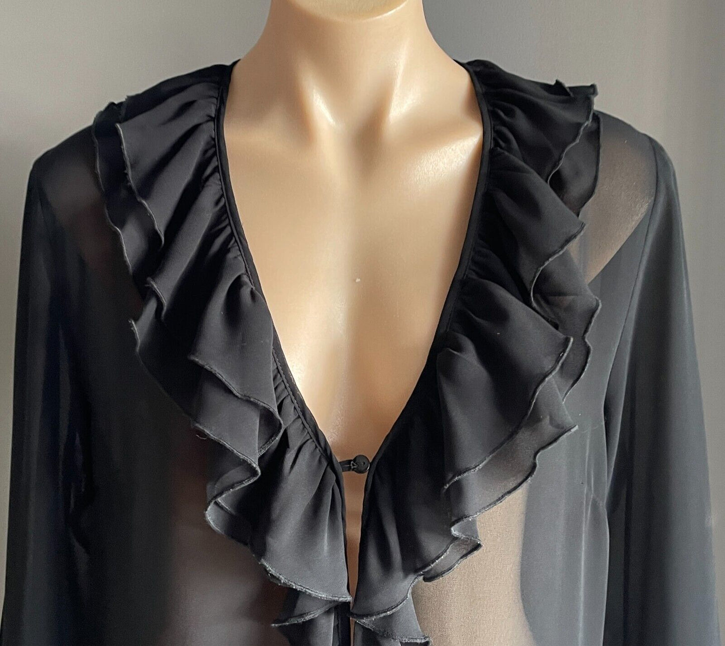 ELLEN TRACY Black Ruffle Trim Blouse Size 18 Semi Sheer Long Sleeve Elegant NEW