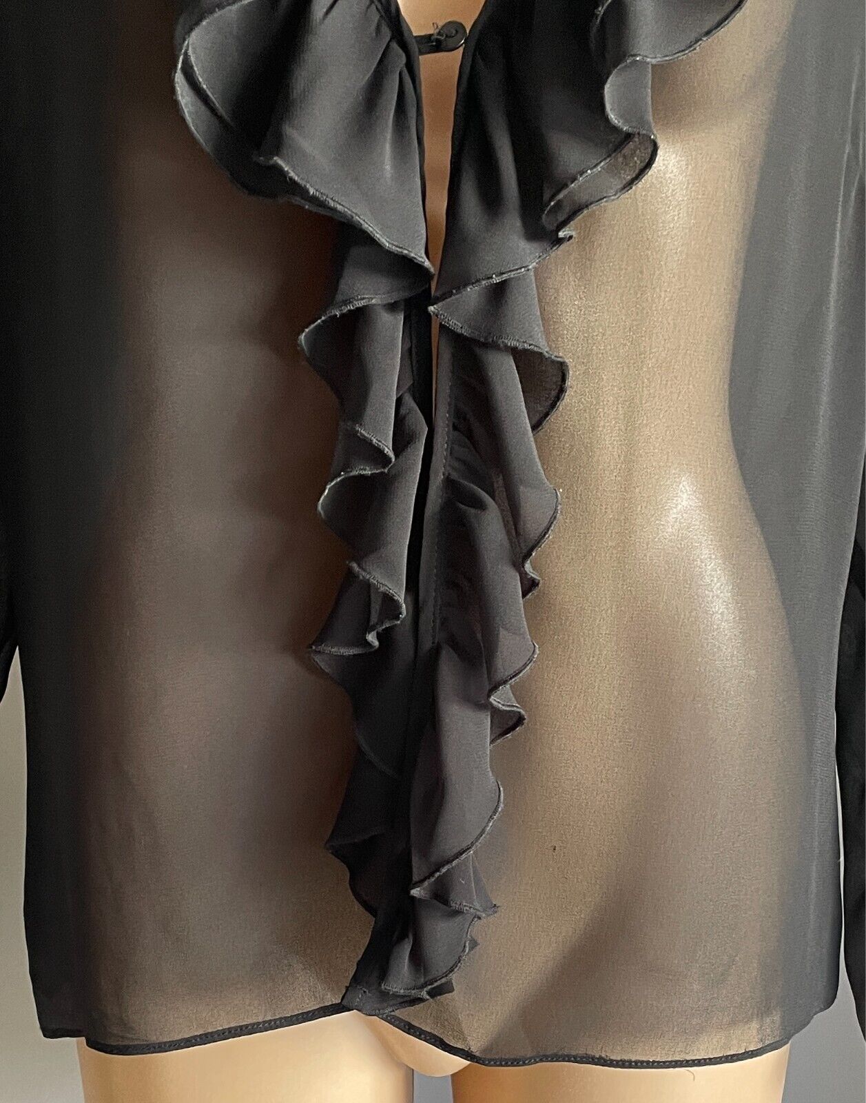 ELLEN TRACY Black Ruffle Trim Blouse Size 18 Semi Sheer Long Sleeve Elegant NEW