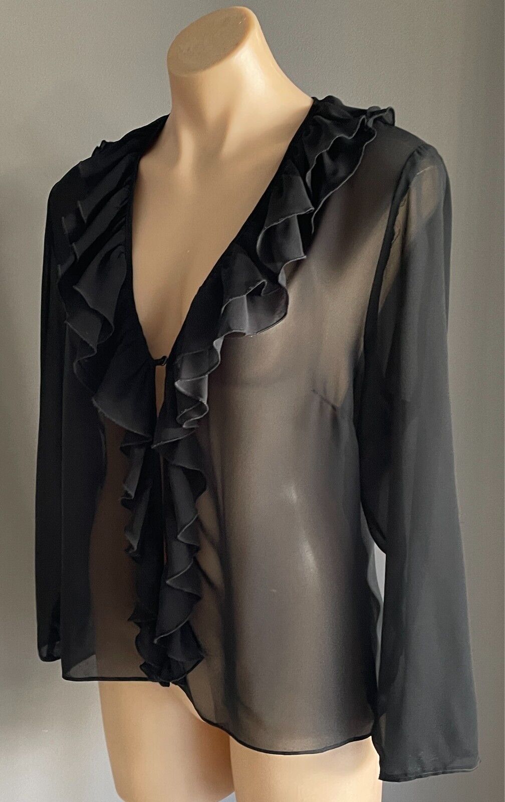 ELLEN TRACY Black Ruffle Trim Blouse Size 18 Semi Sheer Long Sleeve Elegant NEW