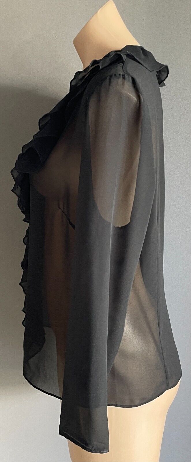 ELLEN TRACY Black Ruffle Trim Blouse Size 18 Semi Sheer Long Sleeve Elegant NEW