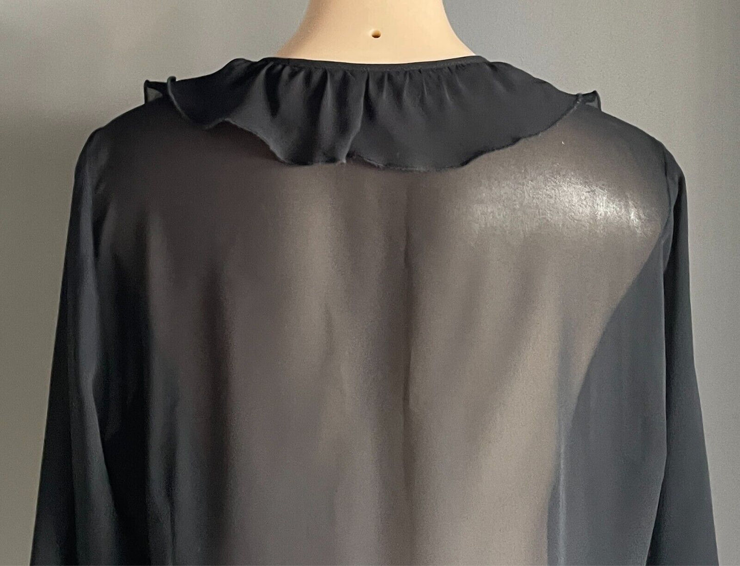 ELLEN TRACY Black Ruffle Trim Blouse Size 18 Semi Sheer Long Sleeve Elegant NEW