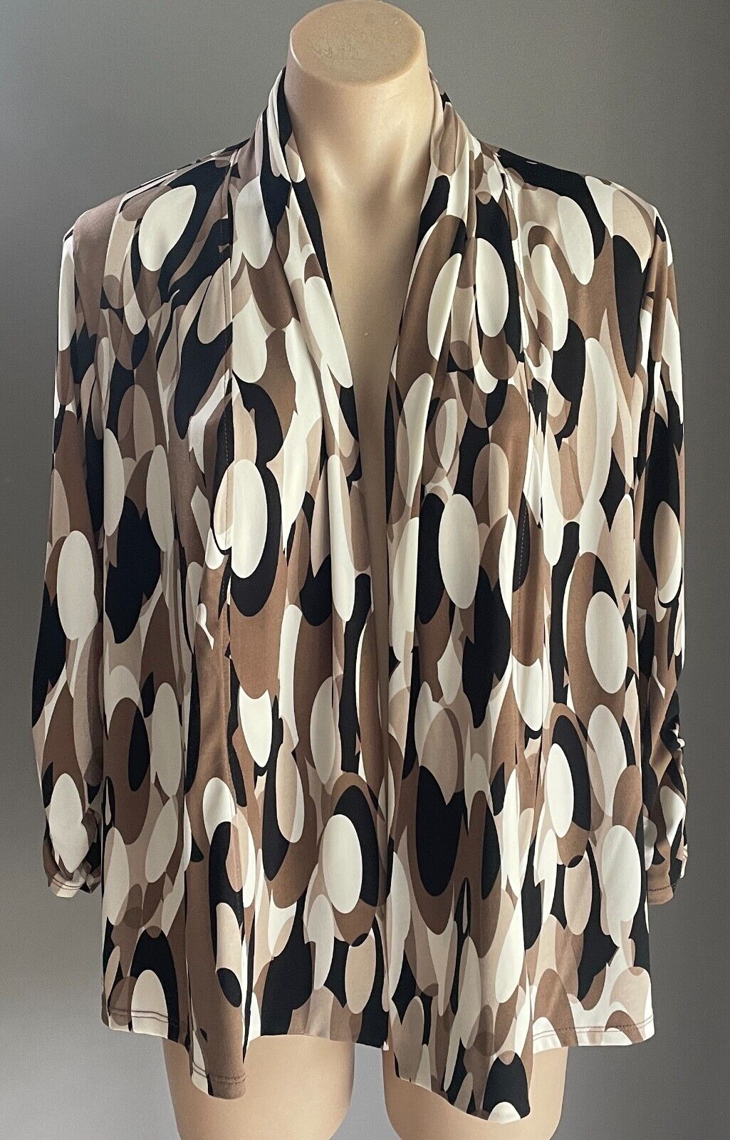 ELLEN TRACY Drape Jersey Cardigan Brown Beige Off White Black Size M 12 NEW