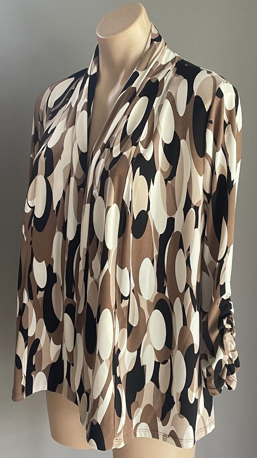ELLEN TRACY Drape Jersey Cardigan Brown Beige Off White Black Size M 12 NEW
