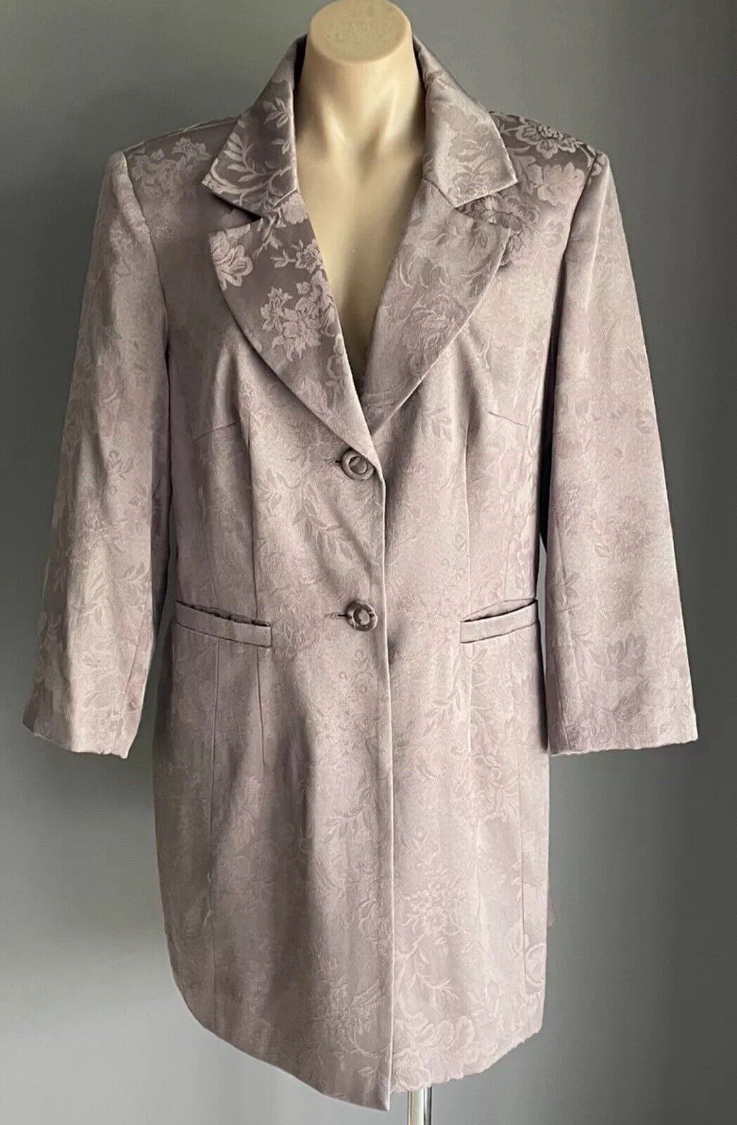 ELLEN TRACY Coat Taupe Pink Jacquard Fabric Long Jacket Single Breasted Size 16