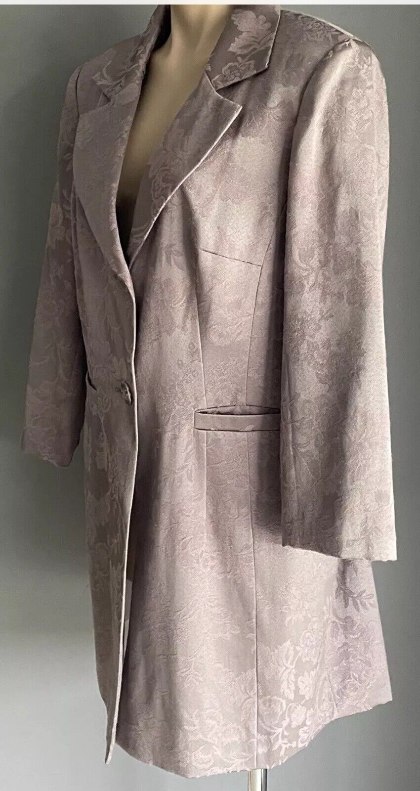 ELLEN TRACY Coat Taupe Pink Jacquard Fabric Long Jacket Single Breasted Size 16