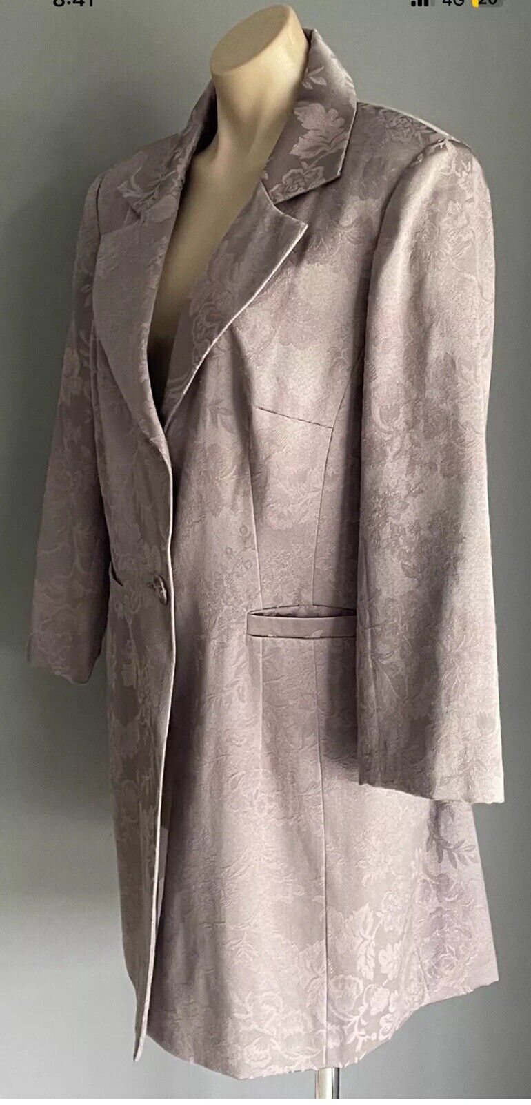 ELLEN TRACY Coat Taupe Pink Jacquard Fabric Long Jacket Single Breasted Size 16