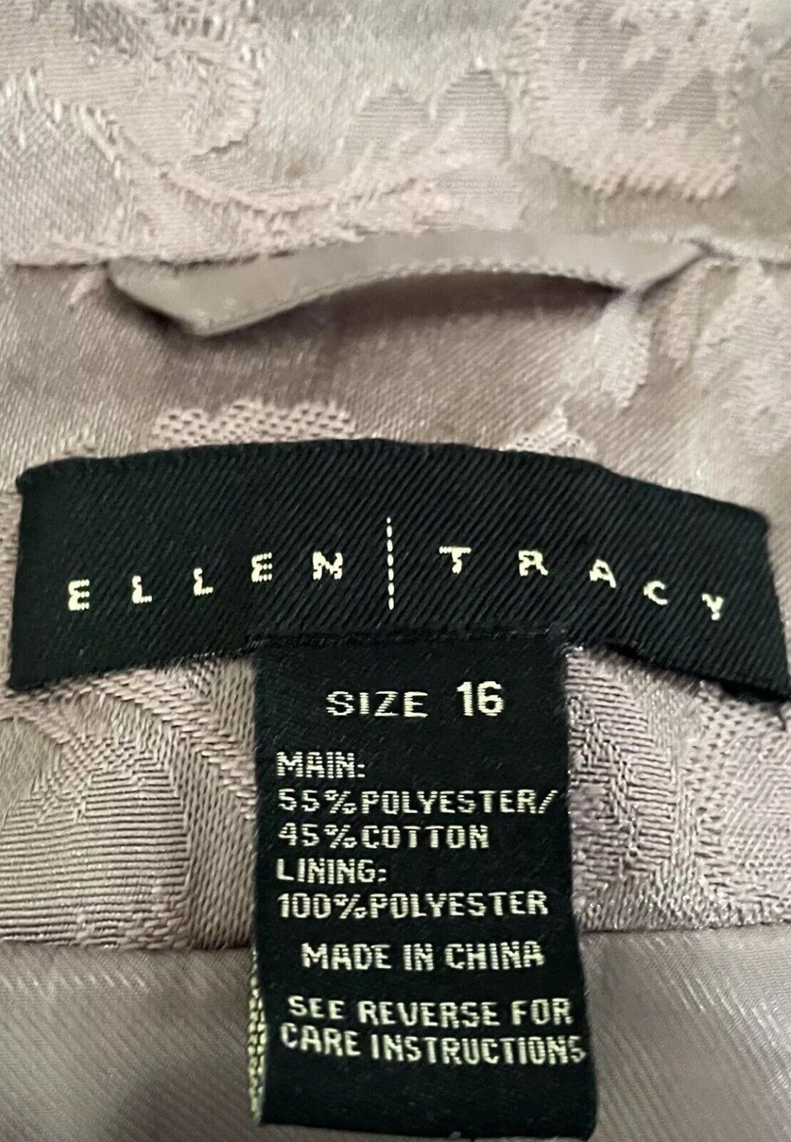 ELLEN TRACY Coat Taupe Pink Jacquard Fabric Long Jacket Single Breasted Size 16