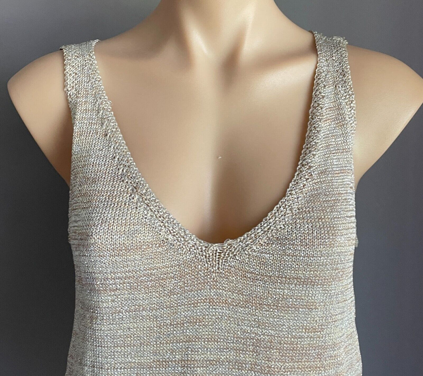 SPORTSGIRL Top Tank Gold Glitter Marl Knit Sleeveless V-Neck Size XS 10 12 NEW