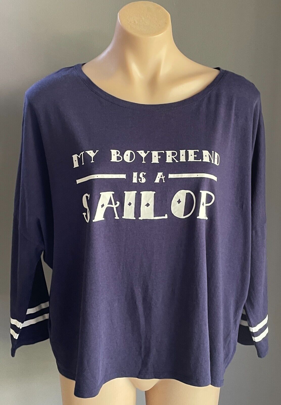 SPORTSGIRL Top My Boyfriend Is A Sailor  3/4 Sleeve Tee Size L 12 Navy White NEW