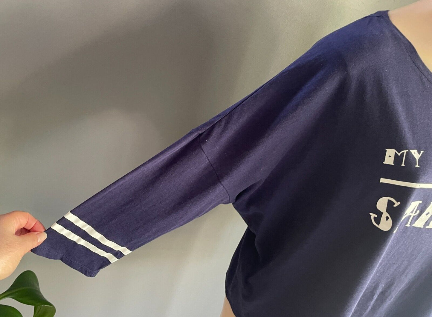 SPORTSGIRL Top My Boyfriend Is A Sailor  3/4 Sleeve Tee Size L 12 Navy White NEW