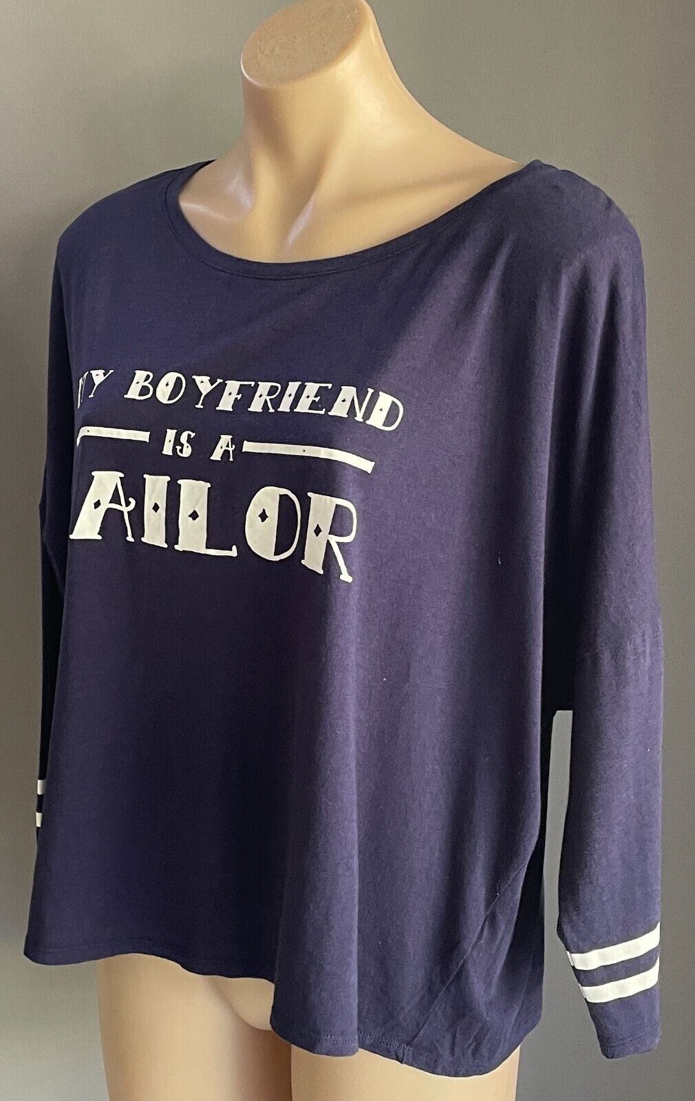 SPORTSGIRL Top My Boyfriend Is A Sailor  3/4 Sleeve Tee Size L 12 Navy White NEW