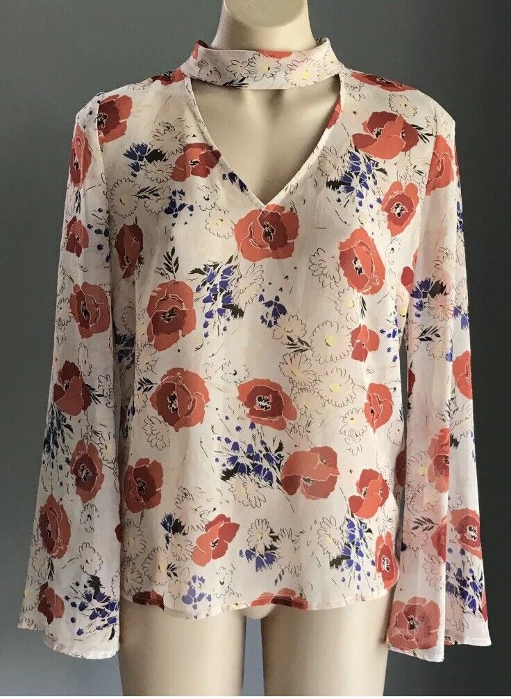 SPORTSGIRL Top Blouse Blush Pink Floral w Neck Tie Sheer Bell Sleeve 8 10 NEW