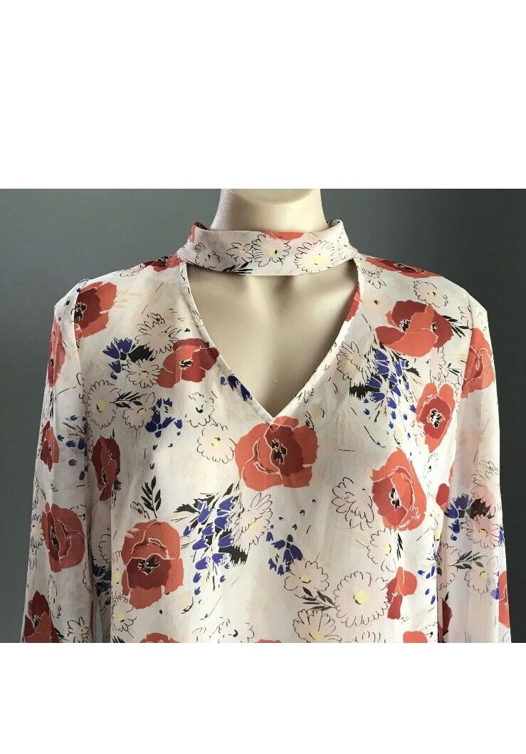 SPORTSGIRL Top Blouse Blush Pink Floral w Neck Tie Sheer Bell Sleeve 8 10 NEW
