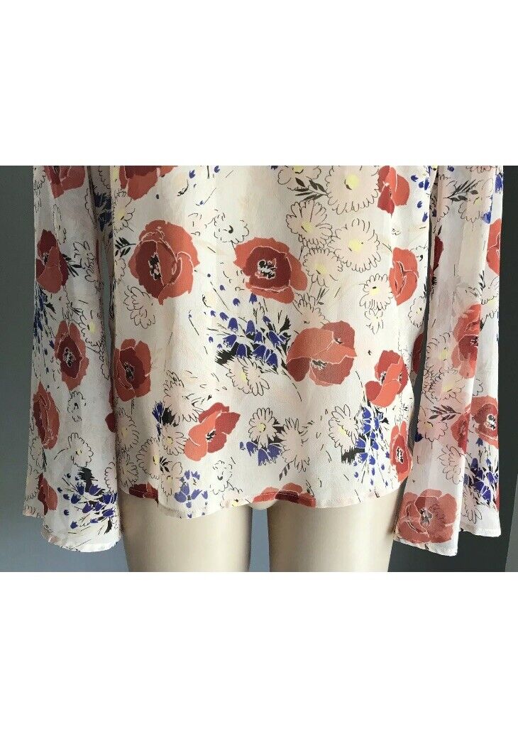 SPORTSGIRL Top Blouse Blush Pink Floral w Neck Tie Sheer Bell Sleeve 8 10 NEW