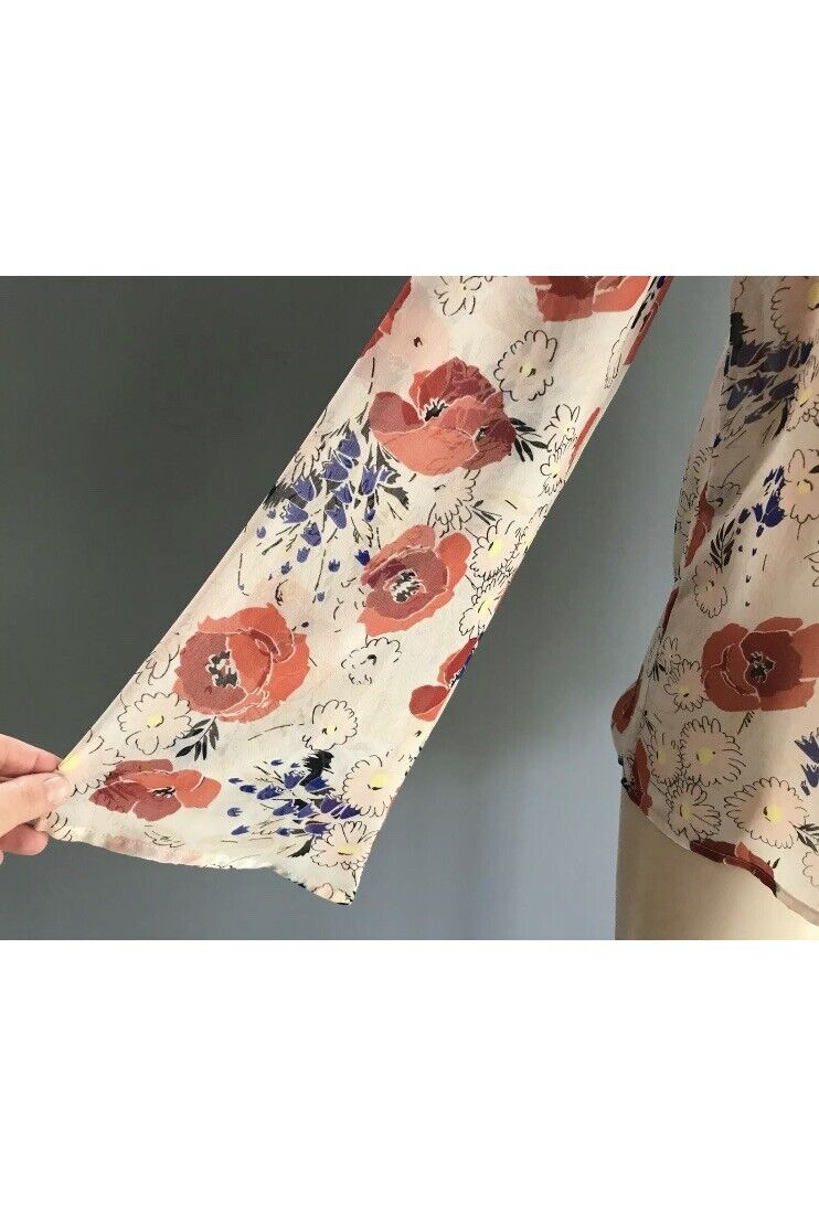 SPORTSGIRL Top Blouse Blush Pink Floral w Neck Tie Sheer Bell Sleeve 8 10 NEW