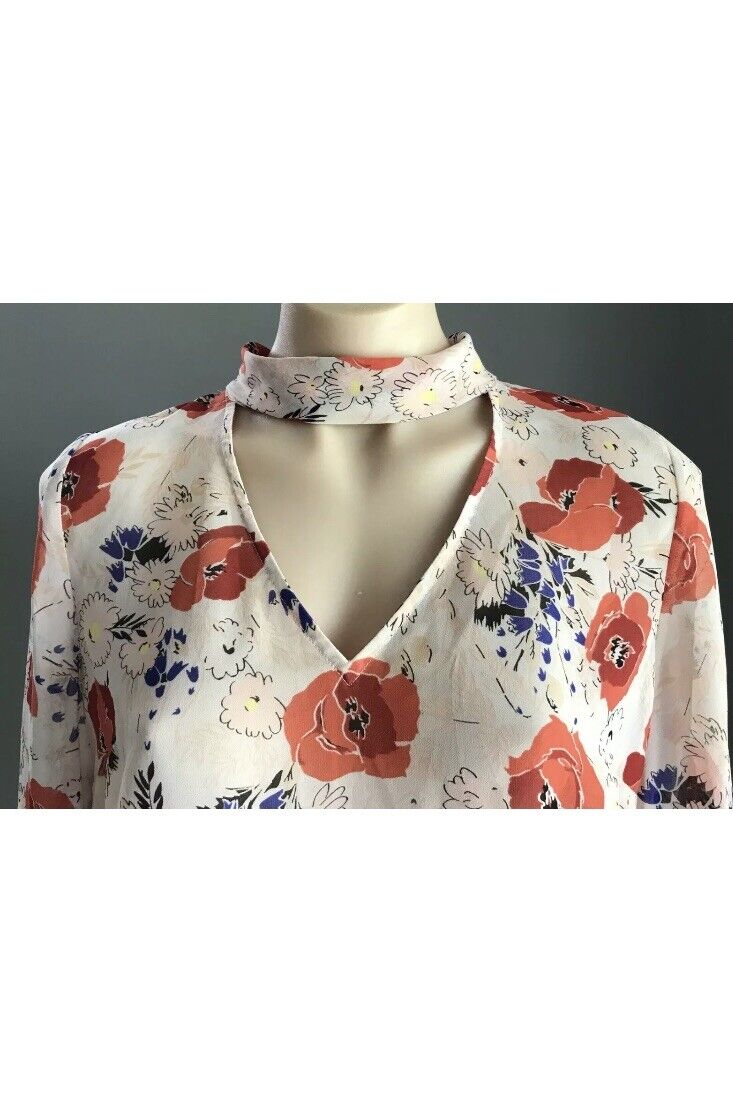 SPORTSGIRL Top Blouse Blush Pink Floral w Neck Tie Sheer Bell Sleeve 8 10 NEW