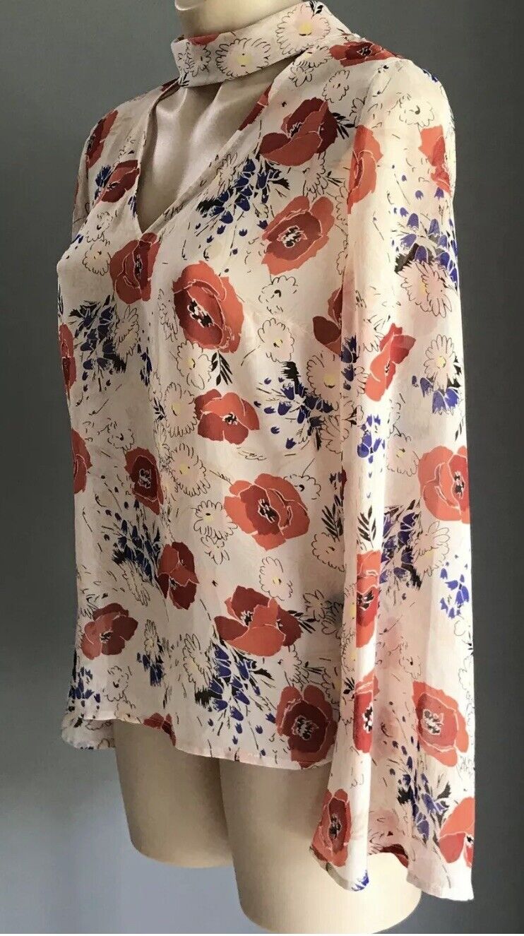 SPORTSGIRL Top Blouse Blush Pink Floral w Neck Tie Sheer Bell Sleeve 8 10 NEW