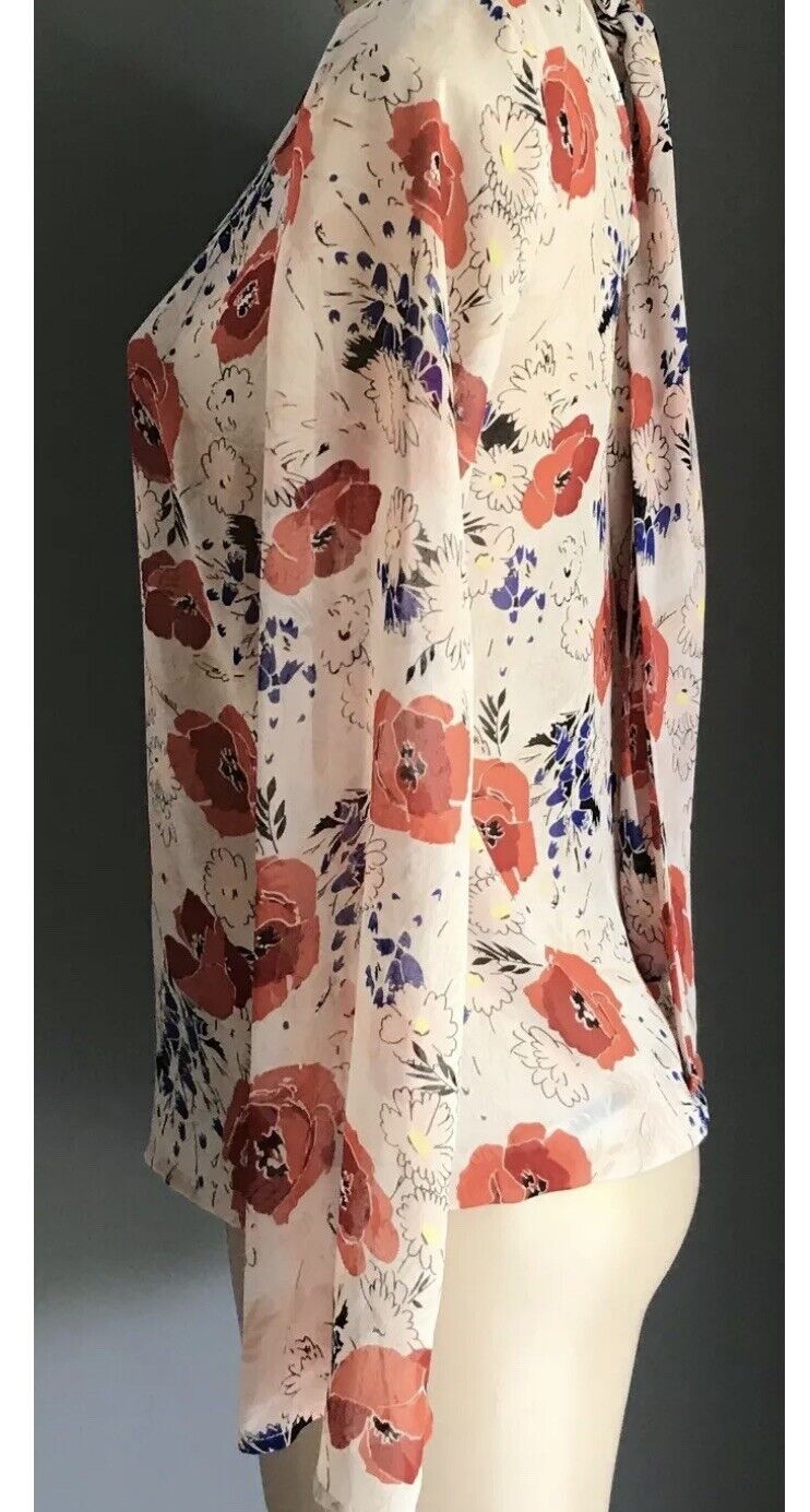 SPORTSGIRL Top Blouse Blush Pink Floral w Neck Tie Sheer Bell Sleeve 8 10 NEW