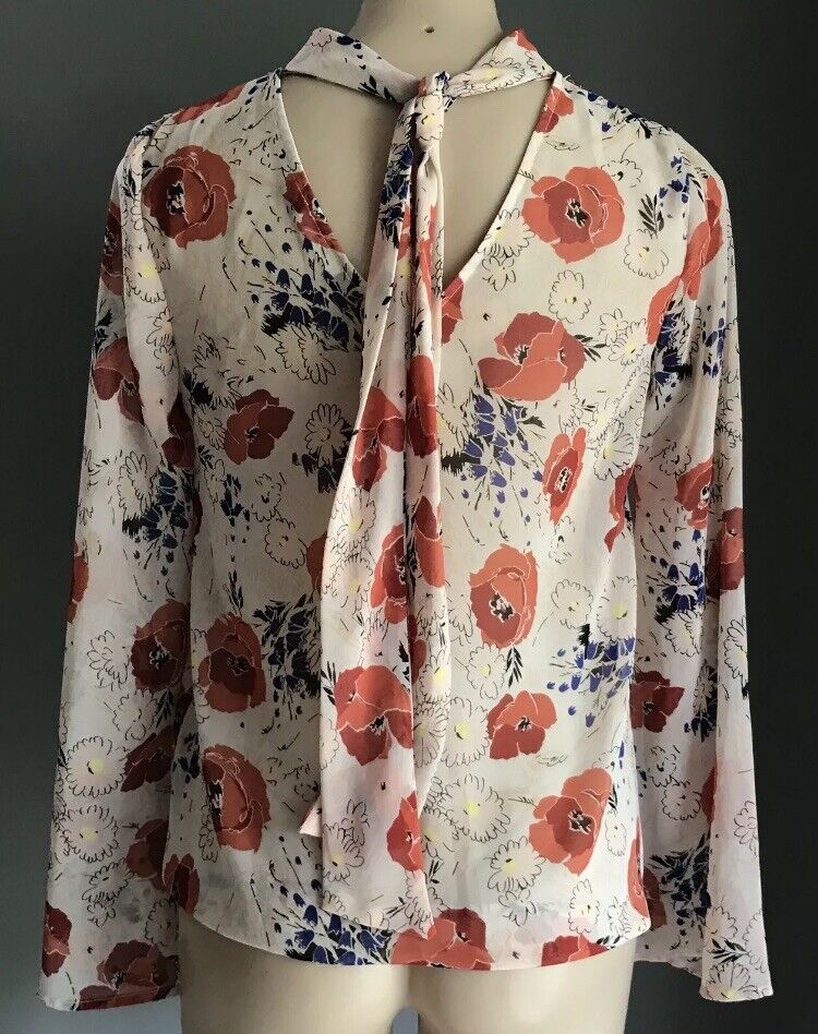 SPORTSGIRL Top Blouse Blush Pink Floral w Neck Tie Sheer Bell Sleeve 8 10 NEW