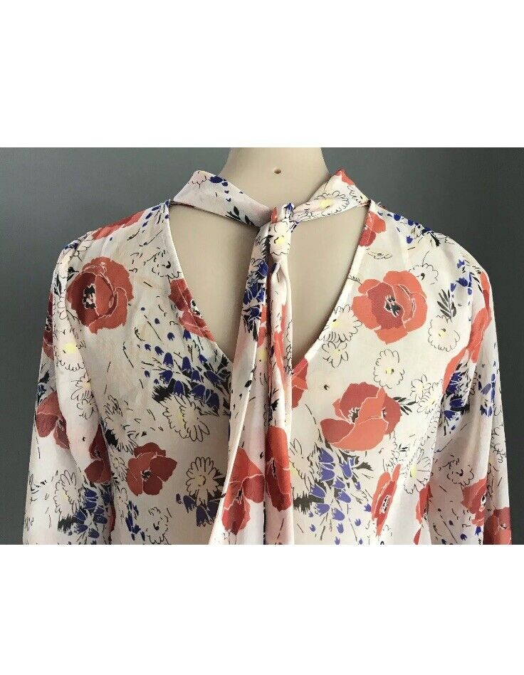 SPORTSGIRL Top Blouse Blush Pink Floral w Neck Tie Sheer Bell Sleeve 8 10 NEW