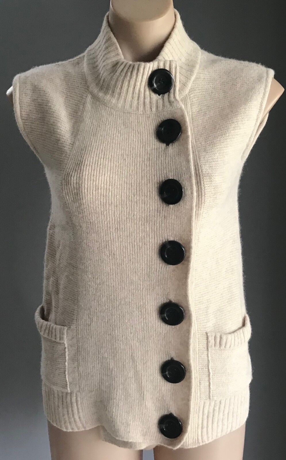 SPORTSGIRL Knit Top Large Buttons Long Vest Ivory Sleeveless High Neck XS 10 NEW