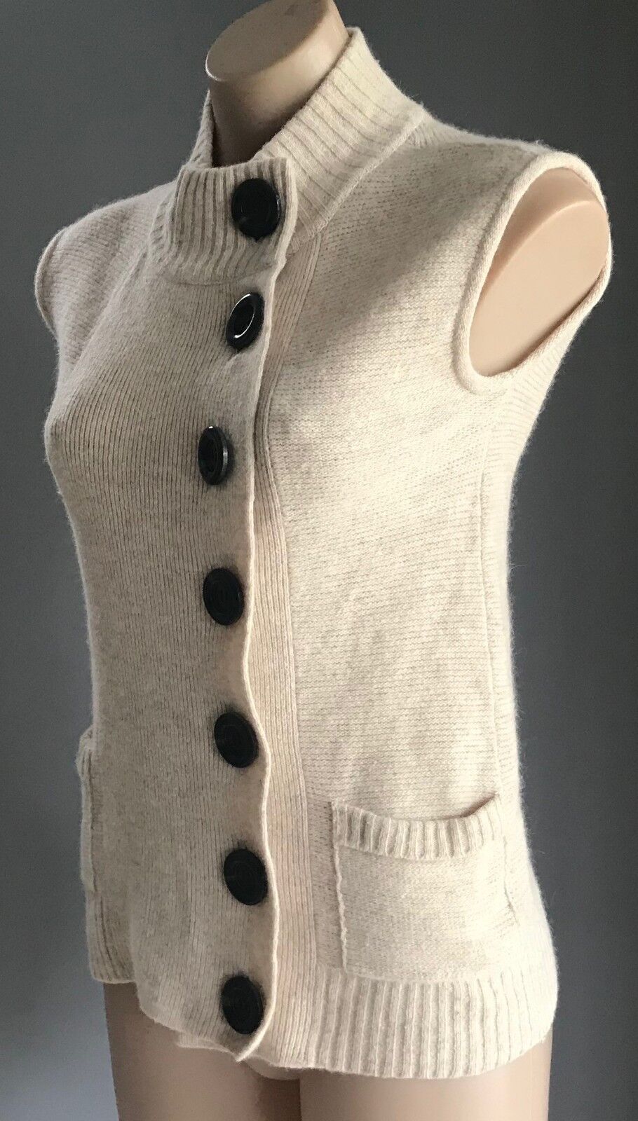 SPORTSGIRL Knit Top Large Buttons Long Vest Ivory Sleeveless High Neck XS 10 NEW