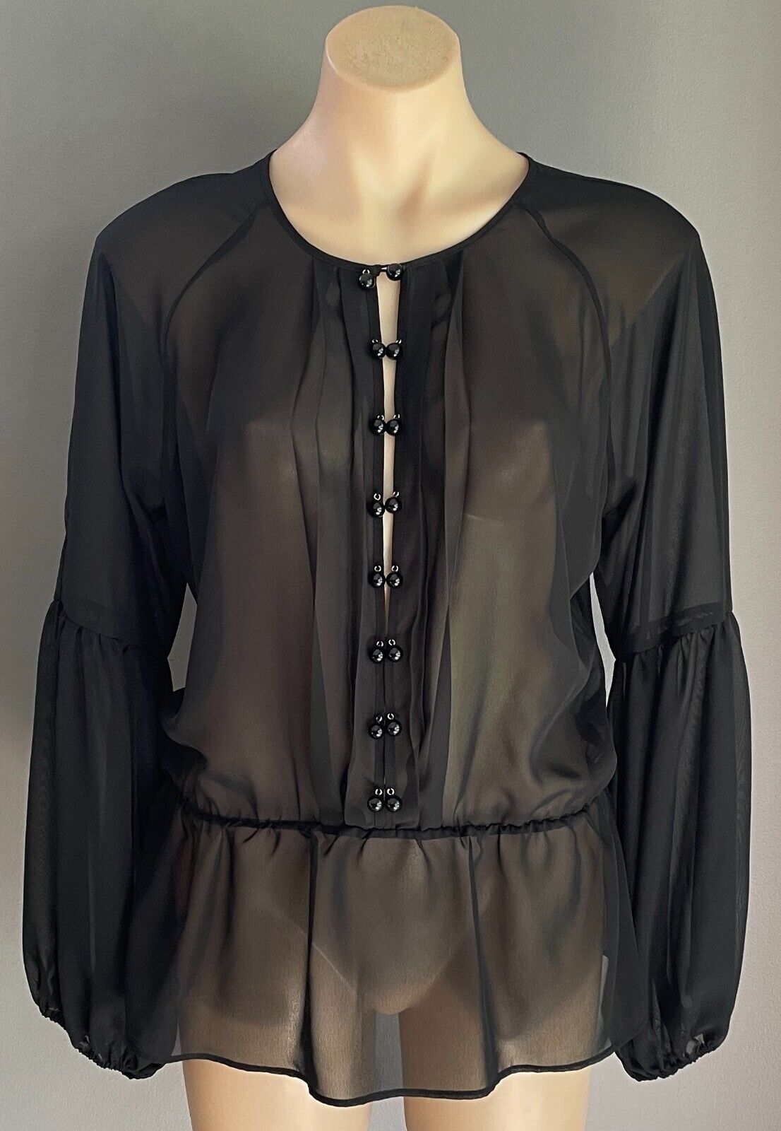 HOWARD SHOWERS Top Sheer Black Full Long Sleeve Blouse Size 10 Pleats Beaded