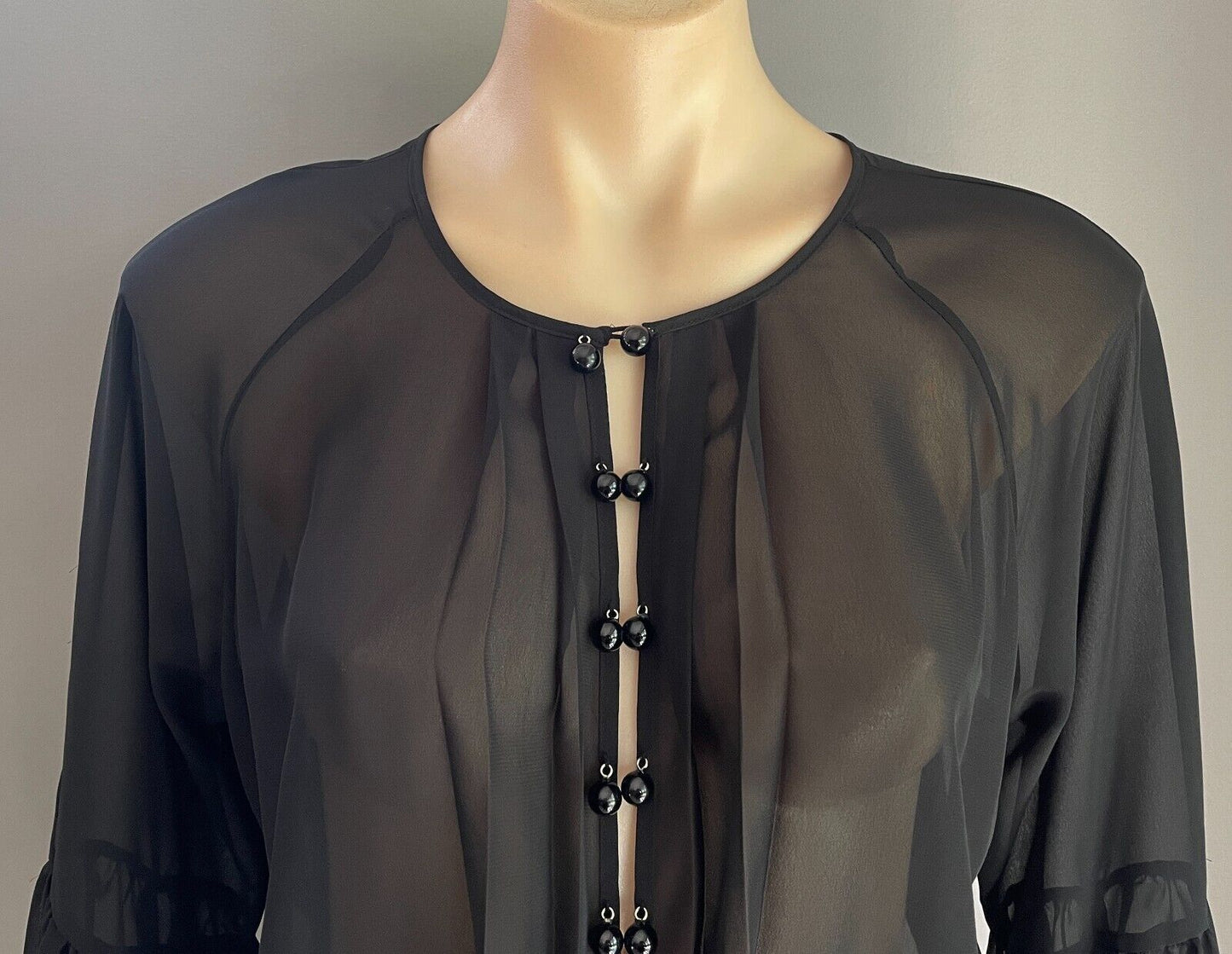HOWARD SHOWERS Top Sheer Black Full Long Sleeve Blouse Size 10 Pleats Beaded