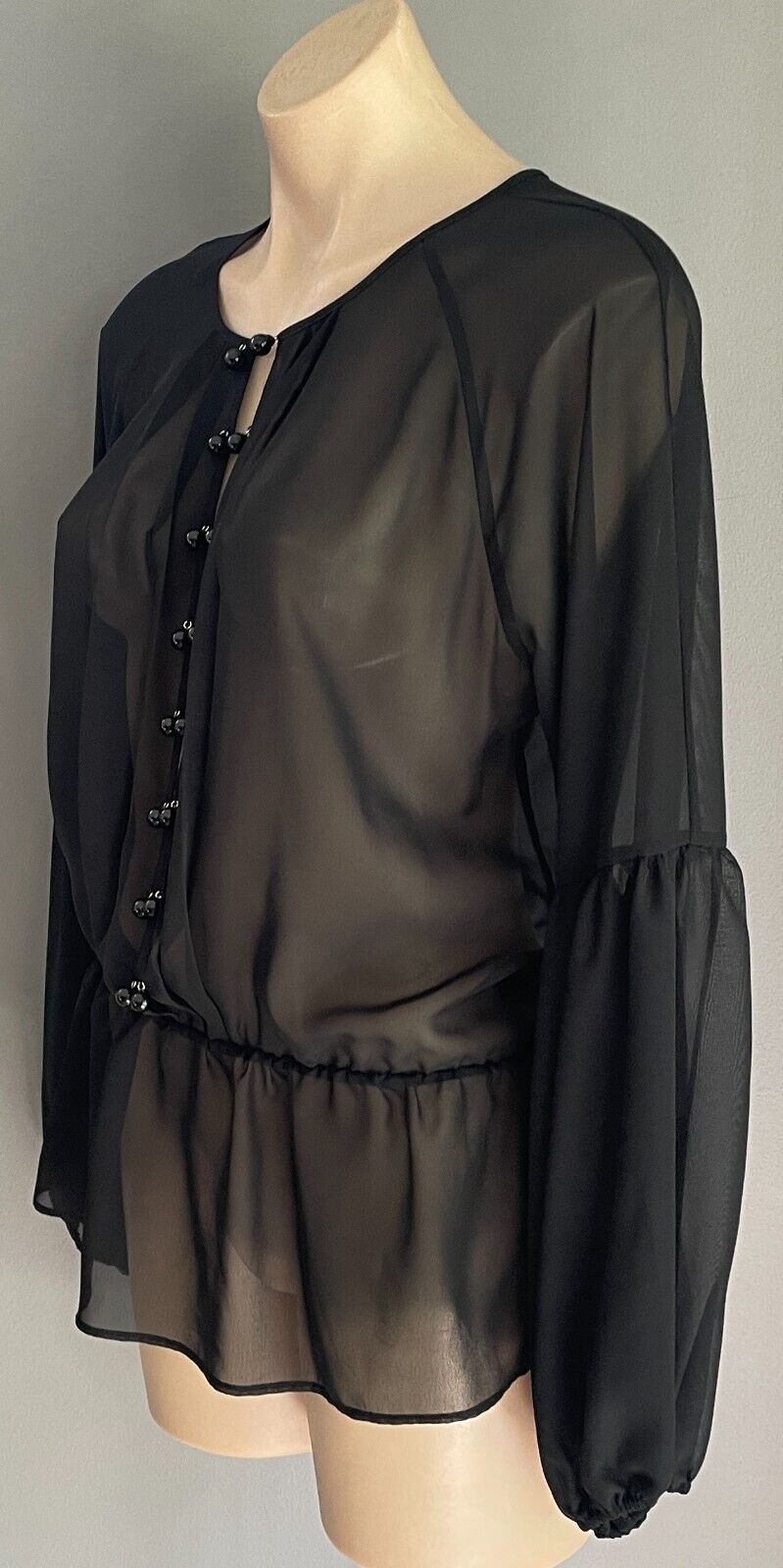 HOWARD SHOWERS Top Sheer Black Full Long Sleeve Blouse Size 10 Pleats Beaded