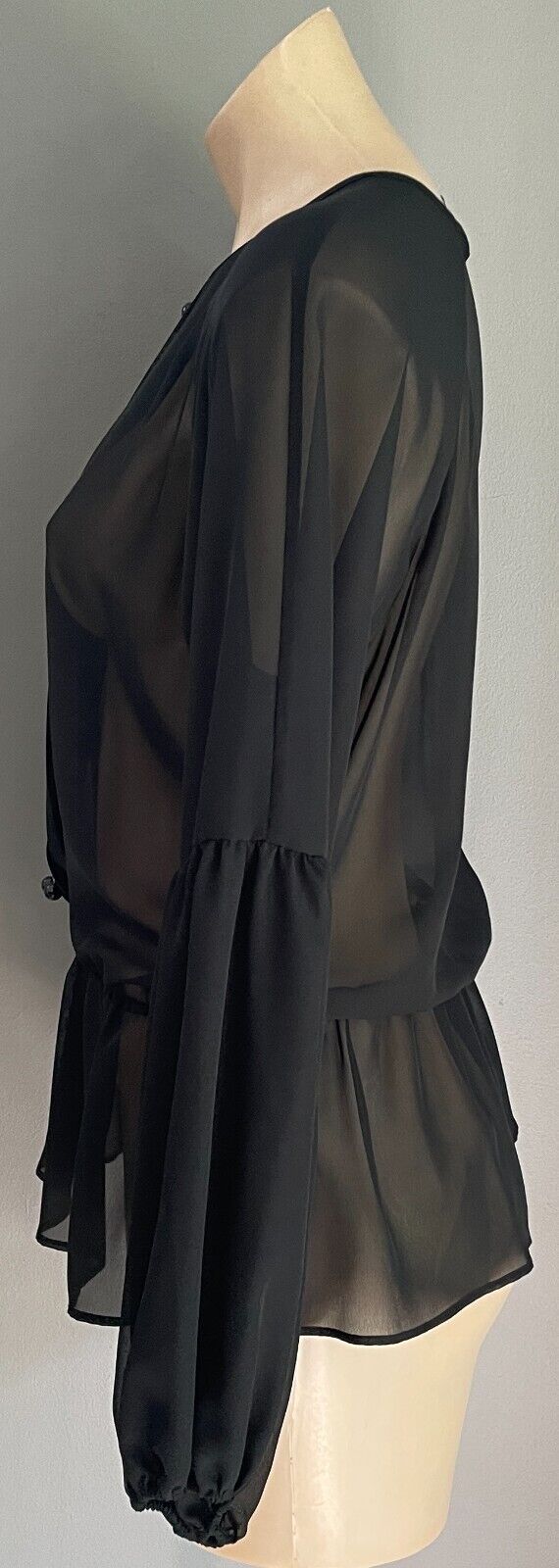 HOWARD SHOWERS Top Sheer Black Full Long Sleeve Blouse Size 10 Pleats Beaded