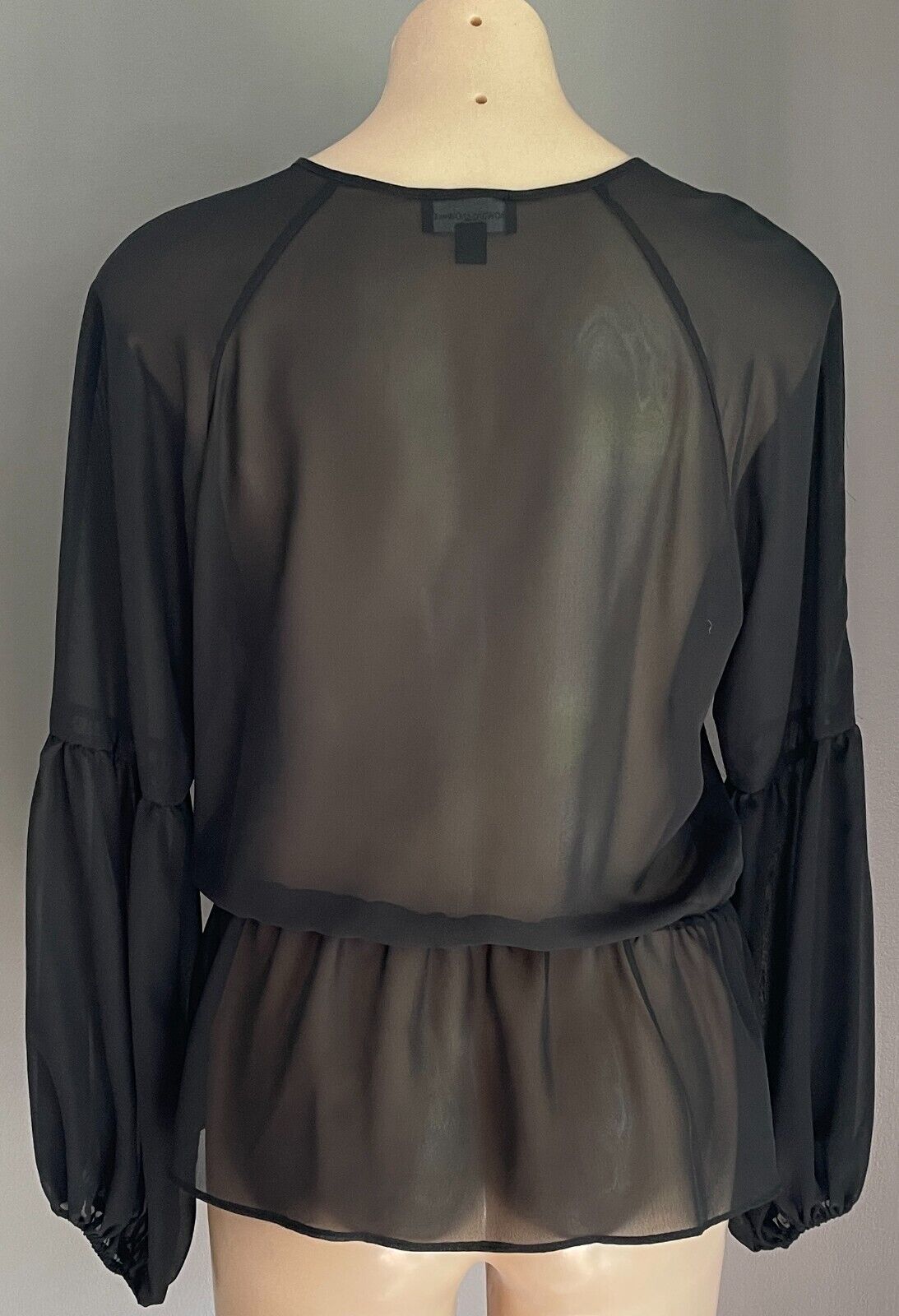 HOWARD SHOWERS Top Sheer Black Full Long Sleeve Blouse Size 10 Pleats Beaded