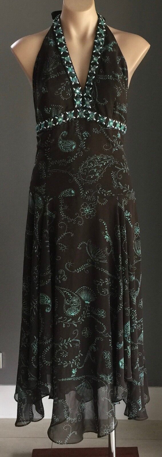 EVENTS Halter Neck Dress Size 10 Brown & Green Print Embellished Retro