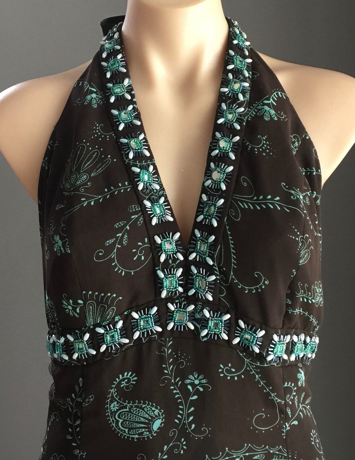 EVENTS Halter Neck Dress Size 10 Brown & Green Print Embellished Retro