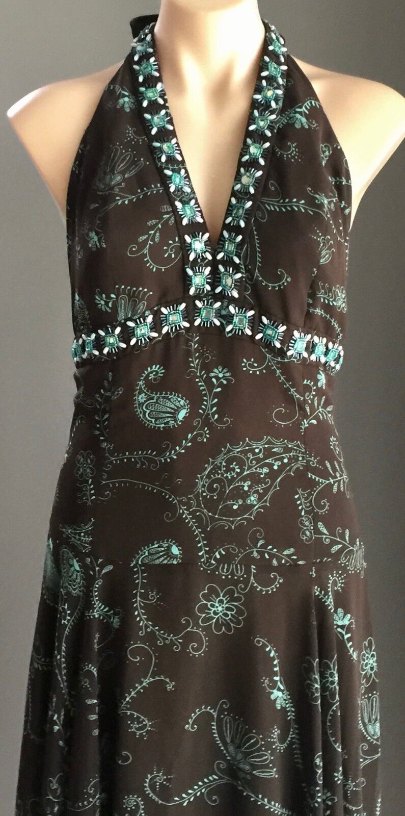 EVENTS Halter Neck Dress Size 10 Brown & Green Print Embellished Retro