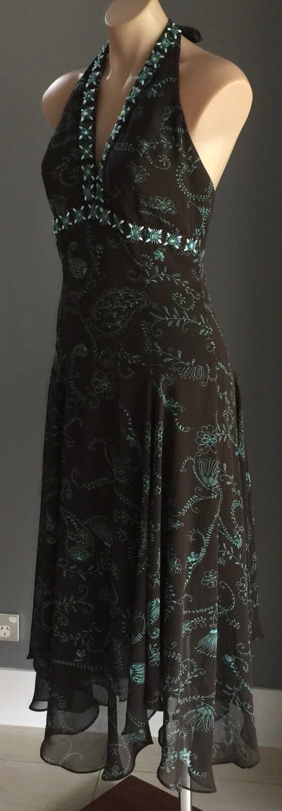 EVENTS Halter Neck Dress Size 10 Brown & Green Print Embellished Retro