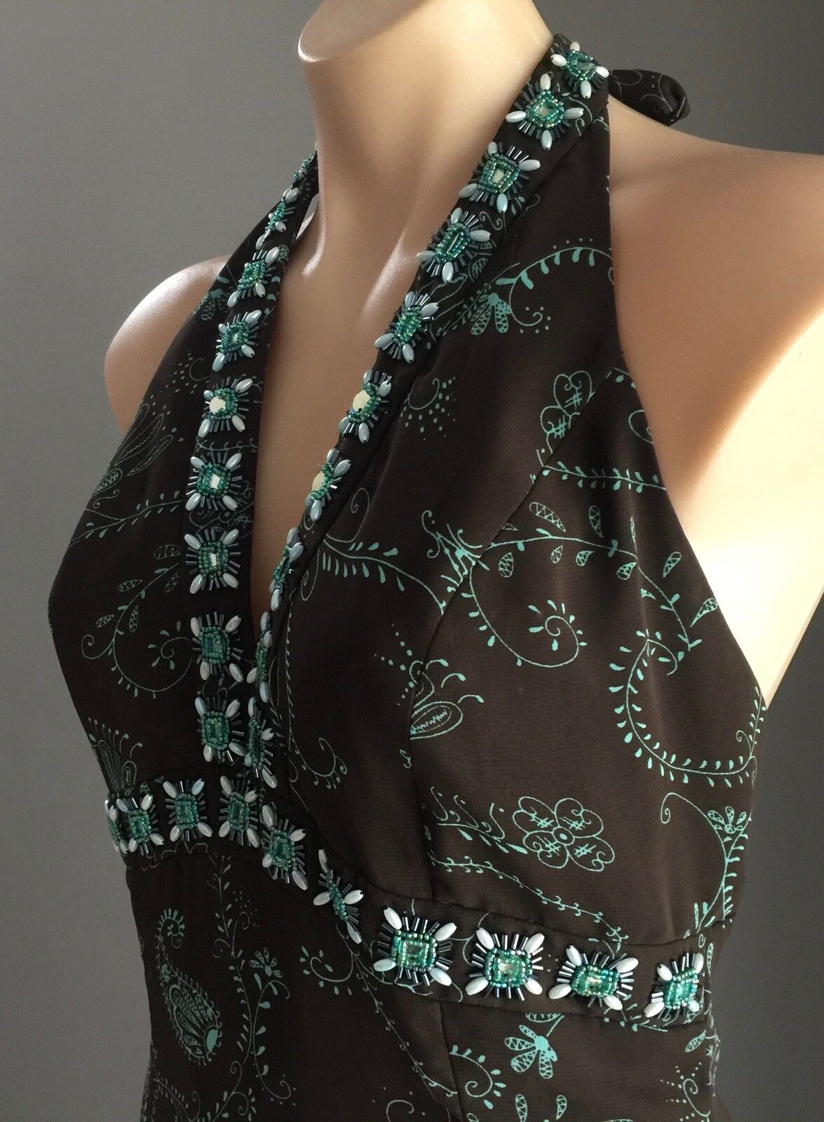 EVENTS Halter Neck Dress Size 10 Brown & Green Print Embellished Retro