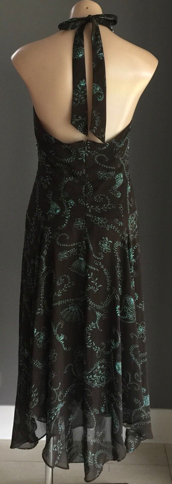 EVENTS Halter Neck Dress Size 10 Brown & Green Print Embellished Retro