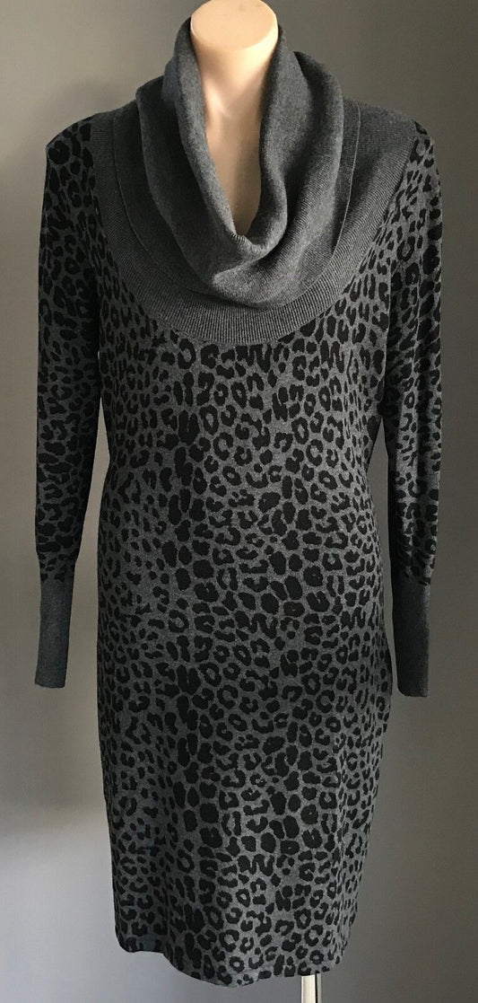 EVENTS Knit Dress Grey & Black Leopard Print Cowl Neck Ladies Size L  14 Luxe