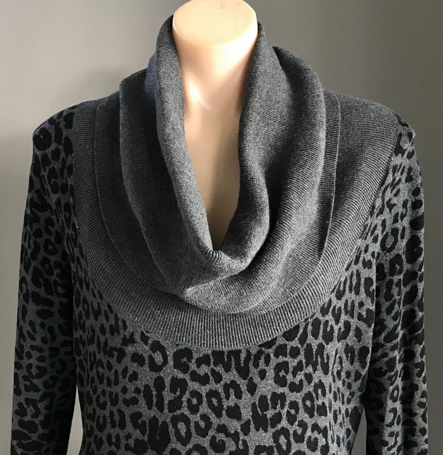 EVENTS Knit Dress Grey & Black Leopard Print Cowl Neck Ladies Size L  14 Luxe